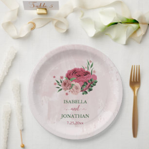 Assiettes En Carton fleurs roses vert feuille mariage