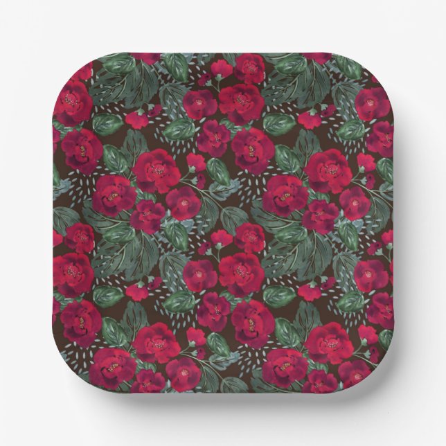 Assiettes En Carton Fleurs rouges, aquarelle motifs floraux. (Recto)