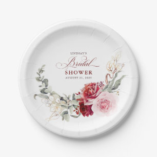 Assiettes En Carton Fleurs rouges de Bourgogne Élégant Mariage Bohème