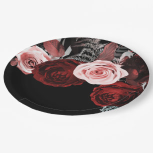 Assiettes En Carton Fleurs Rouges Foncées & Roses Feuillage Floral Mar
