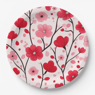 Assiettes En Carton Fleurs rouges romantiques