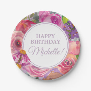 Assiettes En Carton Fleurs sauvages aquarelle rose violet Joyeux Anniv