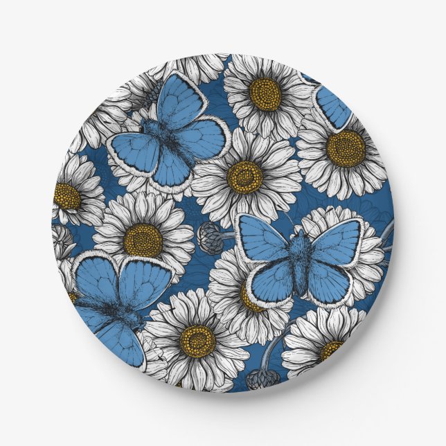 Assiettes En Carton Fleurs sauvages blanches et papillons bleus (Devant)