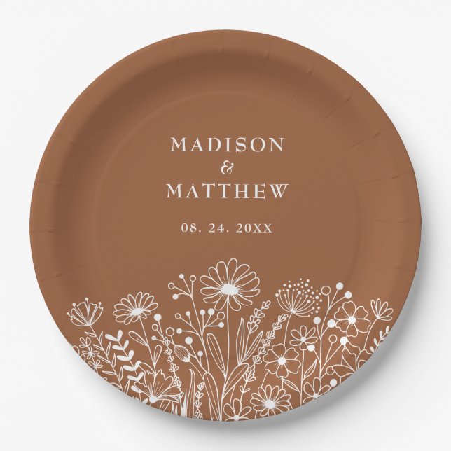 Assiettes En Carton Fleurs sauvages Boho Burnt Orange Mariage (Devant)