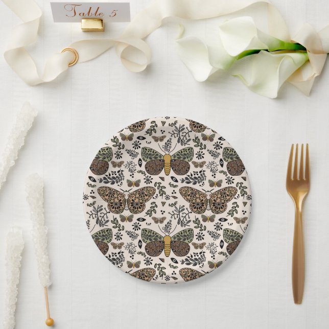 Assiettes En Carton Fleurs sauvages de papillon de nuit bohème moderne (Mariage)
