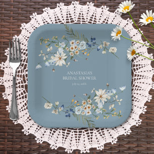 Assiettes En Carton Fleurs sauvages et marguerites poussiéreuses bleue