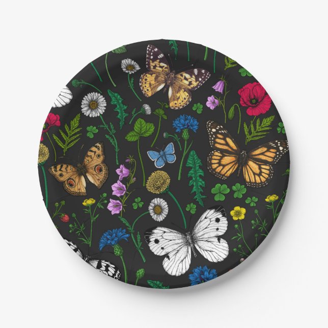 Assiettes En Carton Fleurs sauvages et papillons sur le noir (Devant)