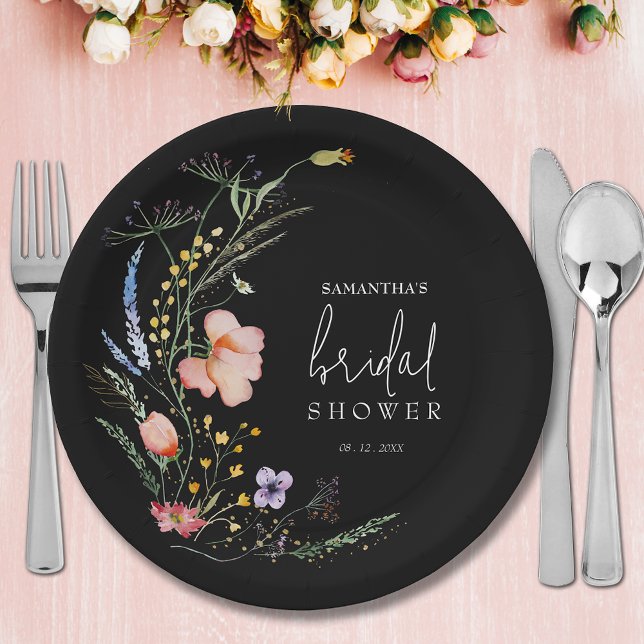 Assiettes En Carton Fleurs sauvages Fête de mariage Noir (Wildflowers on black bridal shower paper plates)