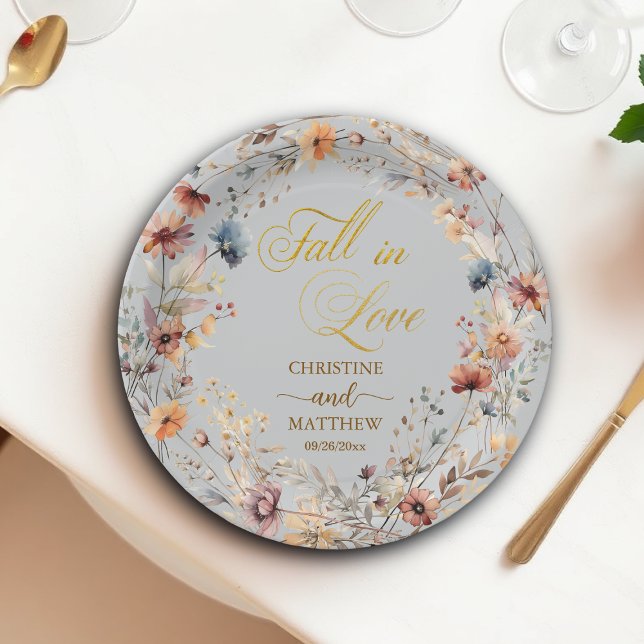 Assiettes En Carton Fleurs sauvages Or 'Tombez amoureux' Mariage éléga (Créateur téléchargé)