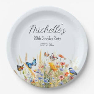 Assiettes En Carton Fleurs sauvages Papillons Oiseaux Surprise 80 ans 
