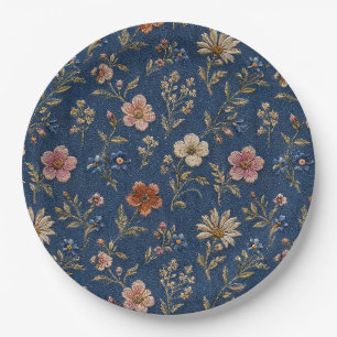 Assiettes En Carton Fleurs sauvages simples brodées sur fond de denim