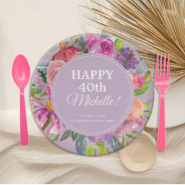 Assiettes En Carton Fleurs sauvages Violet Rose 40e Anniversaire