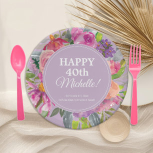 Assiettes En Carton Fleurs sauvages Violet Rose 40e Anniversaire