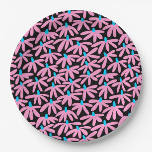 Assiettes En Carton Fleurs stylisées - rose, bleu ciel et noir