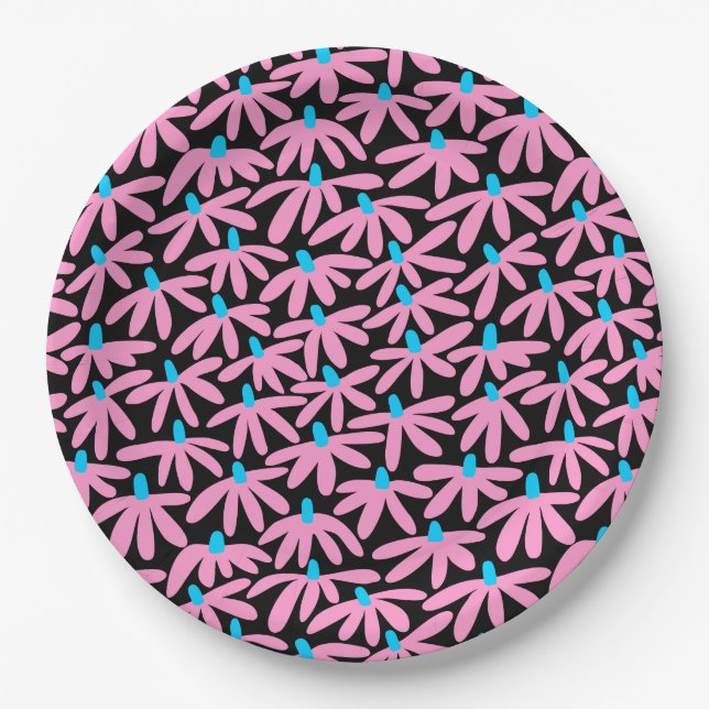 Assiettes En Carton Fleurs stylisées - rose, bleu ciel et noir (Devant)