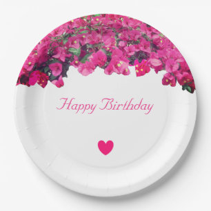 Assiettes En Carton Fleurs tropicales & cœur Joyeux Anniversaire