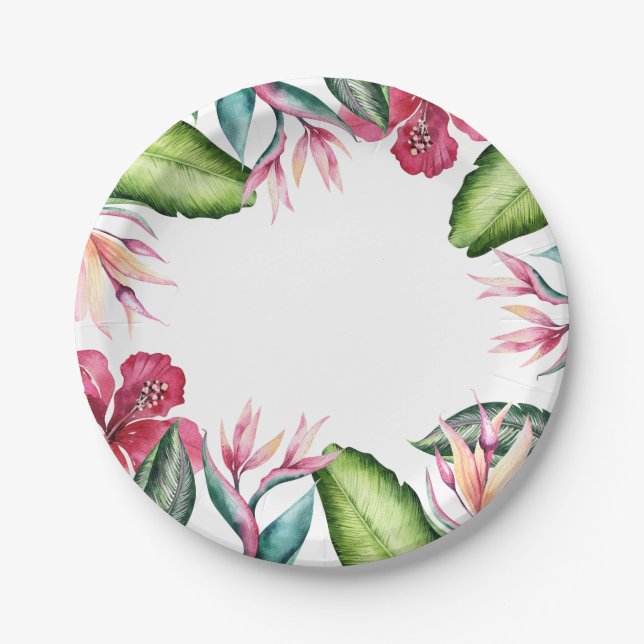 Assiettes En Carton Fleurs tropicales Île d'été Feuilles florales (Devant)