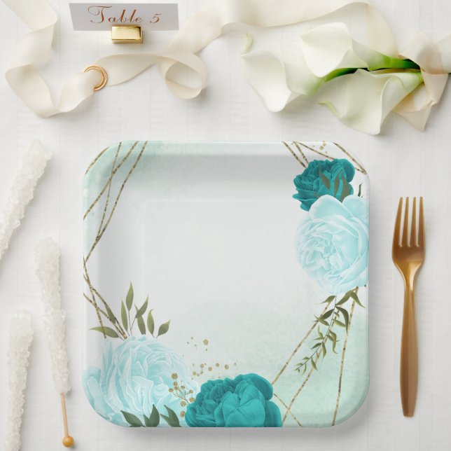 Assiettes En Carton fleurs turquoise vert feuille mariage (Mariage)