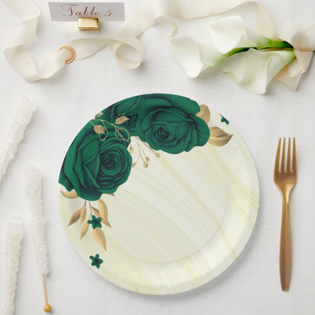 Assiettes En Carton fleurs vert émeraude or marbre feuille (Mariage)