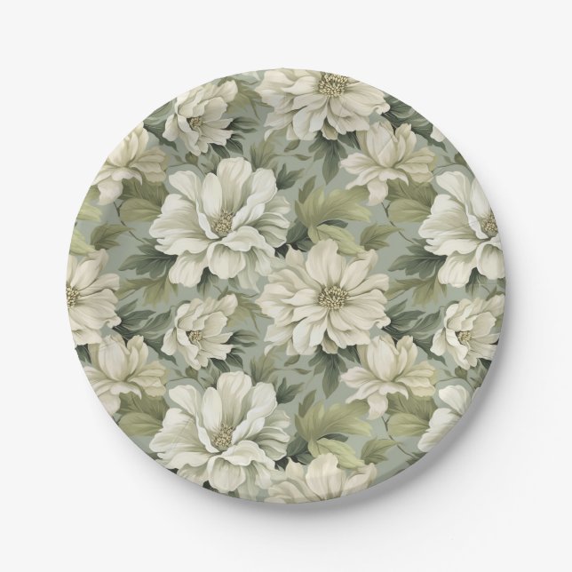 Assiettes En Carton Fleurs vertes de sauge bohème (Devant)