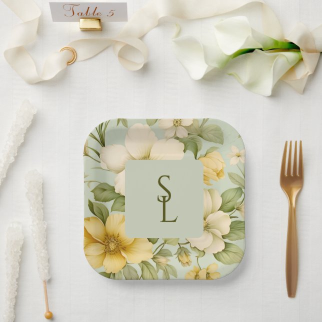 Assiettes En Carton Fleurs vertes douces et beiges mariage (Mariage)