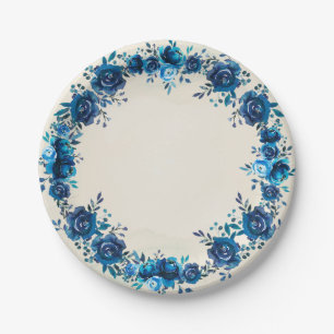 Assiettes En Carton Fleurs Vintage à l'aquarelle Bleu Indigo et Beige