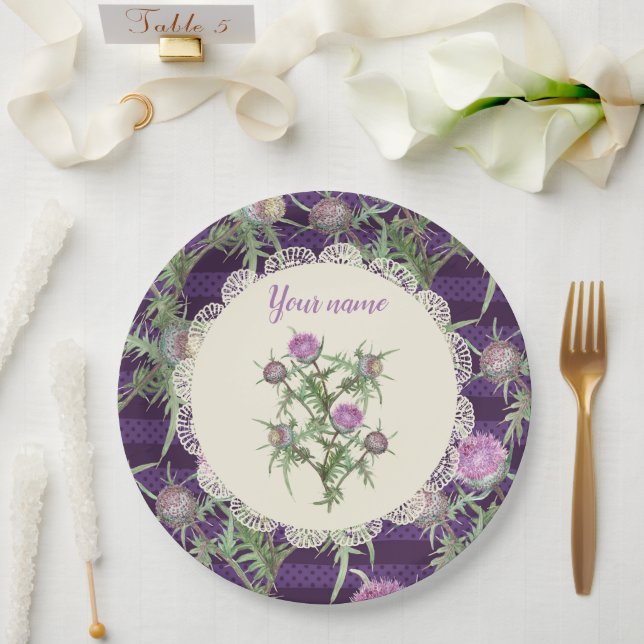 Assiettes En Carton Fleurs violettes de chardon (Mariage)