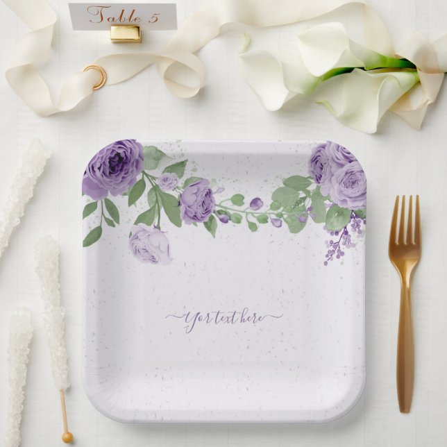 Assiettes En Carton fleurs violettes romantiques vert feuille botaniqu (Mariage)