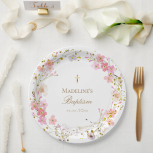 Assiettes En Carton fleurs wreath Baptême