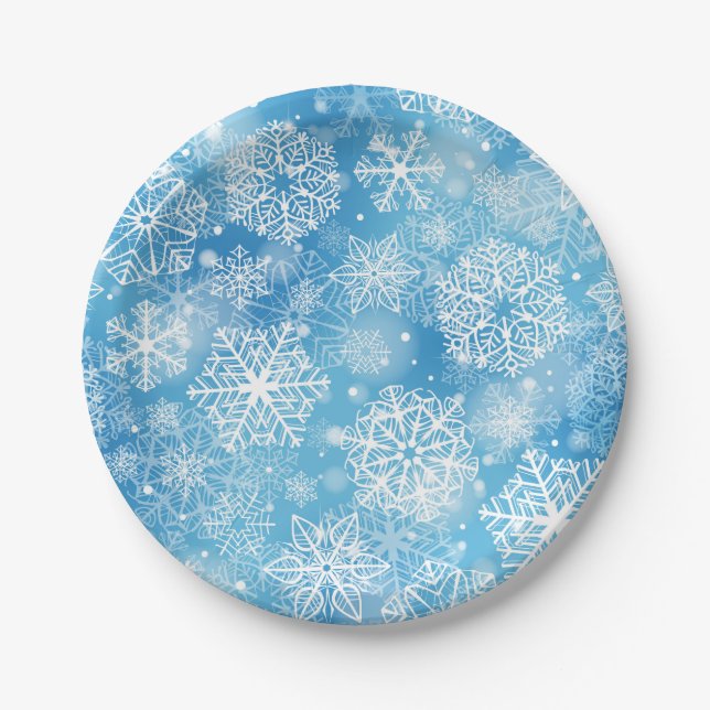 Assiettes En Carton Flocon de neige bleu (Devant)