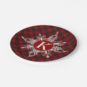 Assiettes En Carton Flocon de neige monogramme sur carreaux 
