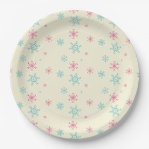 Assiettes En Carton Flocon de neige rose et bleu Motif Noël hiver