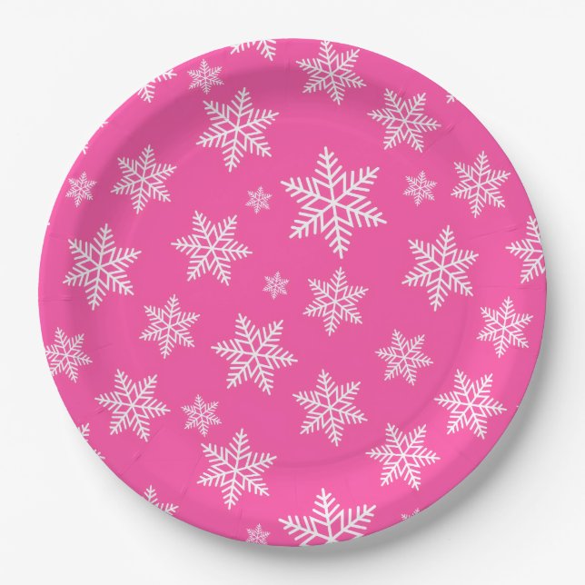 Assiettes En Carton Flocons blancs sur motif hiver rose (Devant)