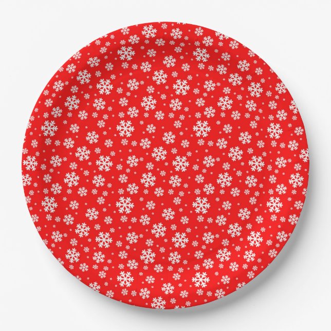 Assiettes En Carton Flocons blancs sur motif rouge d'hiver (Devant)