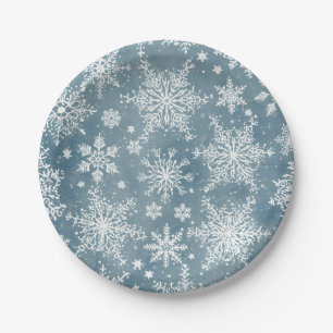 Assiettes En Carton Flocons de neige bleus aquarelle vacances d'hiver