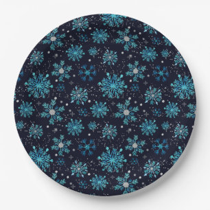 Assiettes En Carton Flocons de neige bleus et argentés d'hiver
