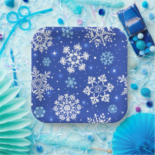 Assiettes En Carton Flocons de neige d'hiver en bleu