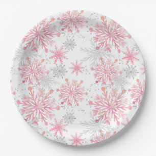 Assiettes En Carton Flocons de neige hivernaux à paillettes roses et a