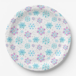 Assiettes En Carton Flocons de neige hivernaux violets et bleus