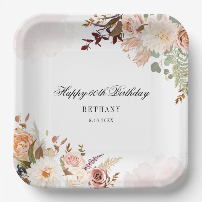 Assiettes En Carton Floral 60e anniversaire Surprise Party (Recto)