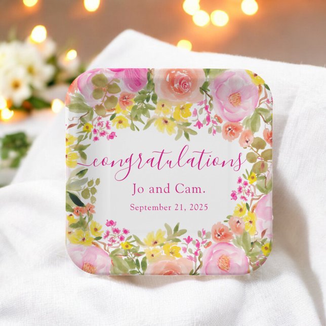 Assiettes En Carton Floral Boho Spring Félicitations Fête des mariées (Floral Boho Spring Congratulations Bridal Shower Paper Plates)