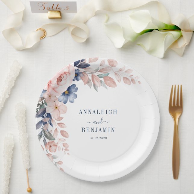 Assiettes En Carton Floral Botanique Bleu Mariage de verdure (Mariage)