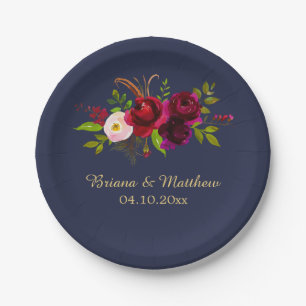 Assiettes En Carton Floral Bourgogne sur bleu marine