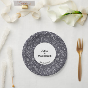 Assiettes En Carton Floral Dark Monochrome Mariage moderne