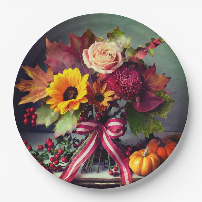 Assiettes En Carton Floral d'automne avec cabot, Plaques de papier ron (Devant)