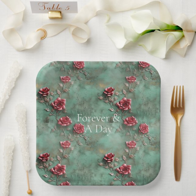 Assiettes En Carton Floral de Roses rouges vertes (Mariage)