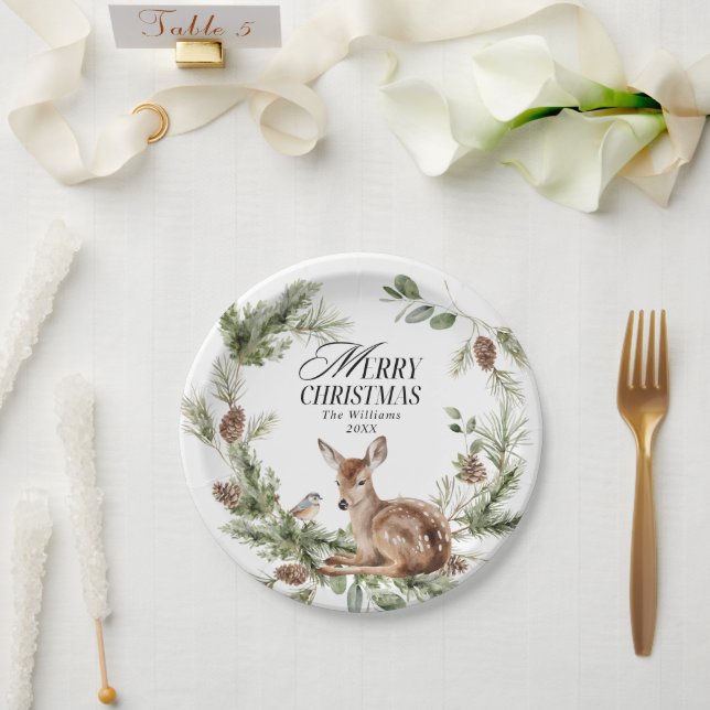 Assiettes En Carton Floral Deer Élégant Joyeux Noël Moderne (Mariage)