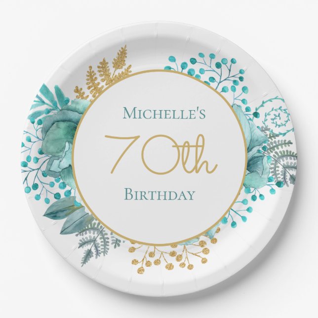 Assiettes En Carton Floral d'or turquoise 70e anniversaire (Devant)