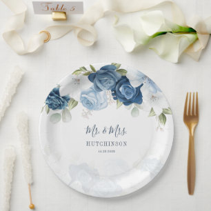 Assiettes En Carton Floral Dusty Blue Greenery Réception de mariage