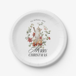 Assiettes En Carton Floral Elegant Aquarelle Chat Joyeux Noël